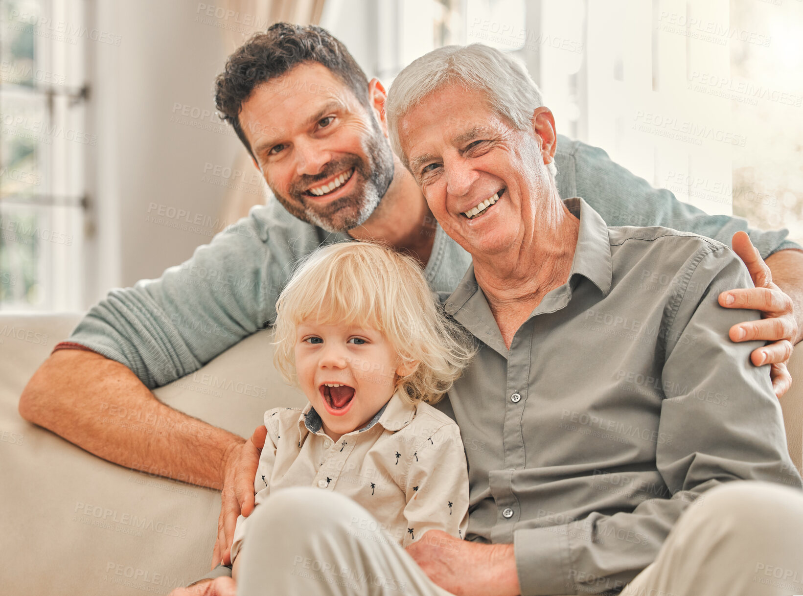 Buy stock photo Portrait, kid and father with grandfather in home for care, relax and bonding together. Generations, grandparent and face of dad with boy in lounge for support, love and happy family laughing on sofa