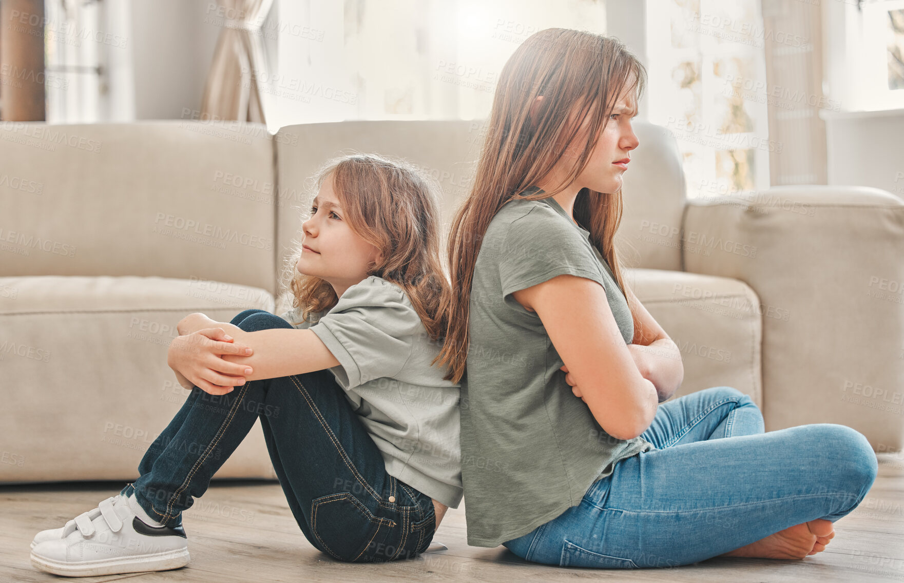 Buy stock photo Angry, children and fight on floor in living room with arms folded for argument and problem. Family, teen or girl and frustrated in lounge or home for conflict, anger and back together for trouble