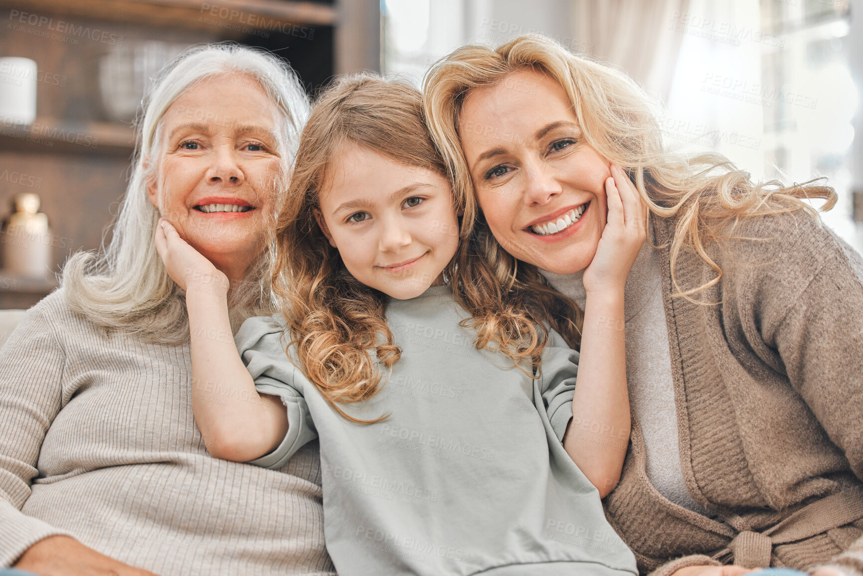 Buy stock photo Portrait, happy kid and mom with grandmother in home for care, relax and bonding on womens day. Generations, grandparent and face of mother with girl in lounge for support, love and family on sofa