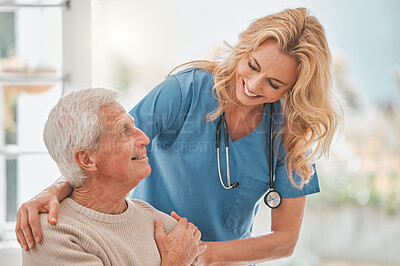 Buy stock photo Assisted living, elderly care or support with nurse and old man in retirement home for medical checkup. Geriatrics, health or visit with medicine professional woman and senior patient in apartment