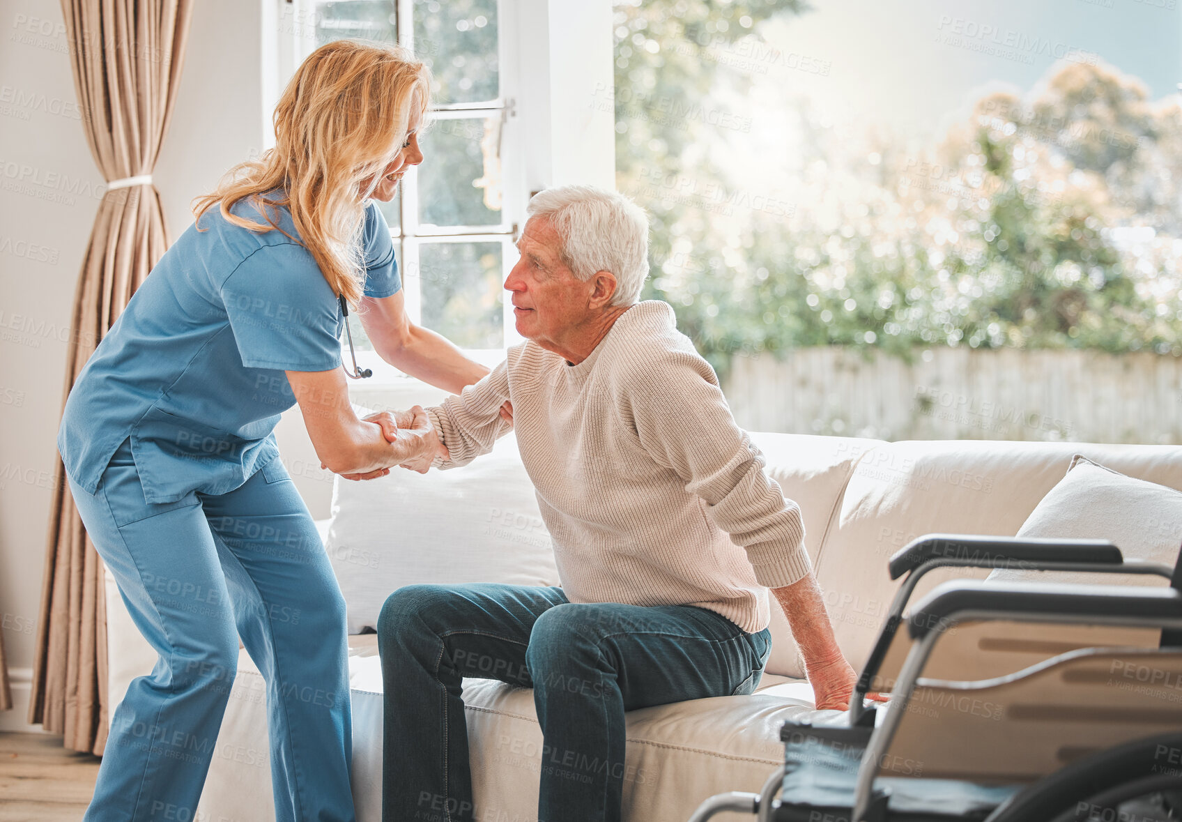 Buy stock photo Assisted living, help or support with nurse and old man in retirement home for medical checkup. Elderly care, healthcare or visit with medicine professional woman and senior patient in apartment