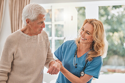 Buy stock photo Assisted living, elderly care or wellness with nurse and old man in retirement home for medical checkup. Health, support or walk with medicine professional woman and senior patient in apartment