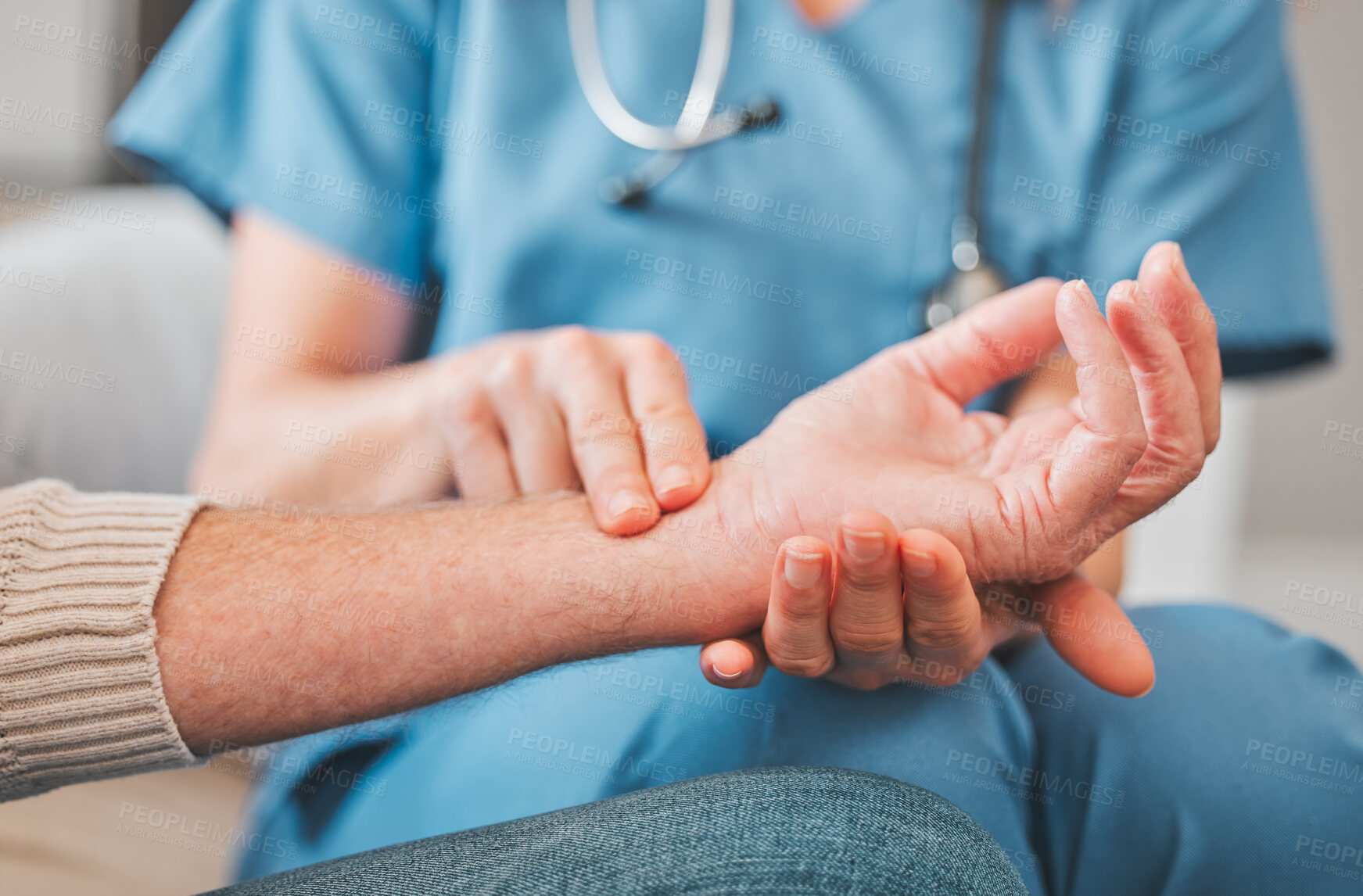 Buy stock photo Nurse, hand and check pulse on wrist with senior patient for healthcare, wellness and treatment. Closeup, fingers and heart rate for medical exam, support and test for cardiology with people in home