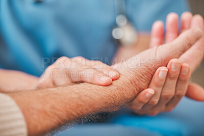 Buy stock photo Nurse, hand and check pulse closeup with patient for healthcare, wellness and high blood pressure. Wrist, fingers and heart rate for medical exam, support and test for cardiology with people in home