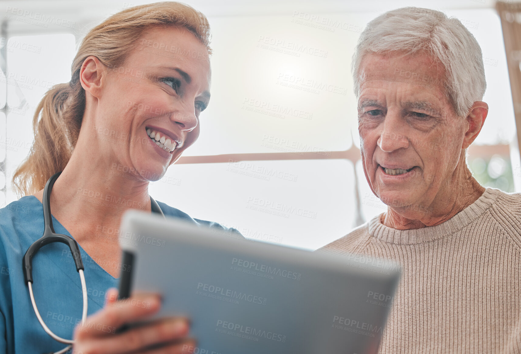 Buy stock photo Results, smile or tablet with nurse and old man in retirement home together for diagnosis or discussion. Consulting, feedback or progress report with medicine professional woman and senior patient