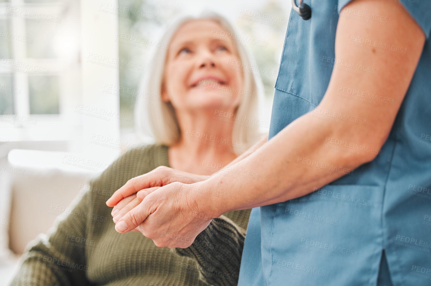 Buy stock photo Holding hands, support and woman with nurse in home, elderly care and trust or patient in retirement. Comfort, wellness and medical professional for help, assisted living and healthcare service