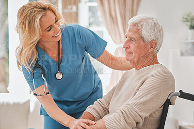 Buy stock photo Assisted living, health or support with nurse and old man in retirement home for medical checkup. Elderly care, wheelchair or visit of person with disability and medicine professional in apartment 