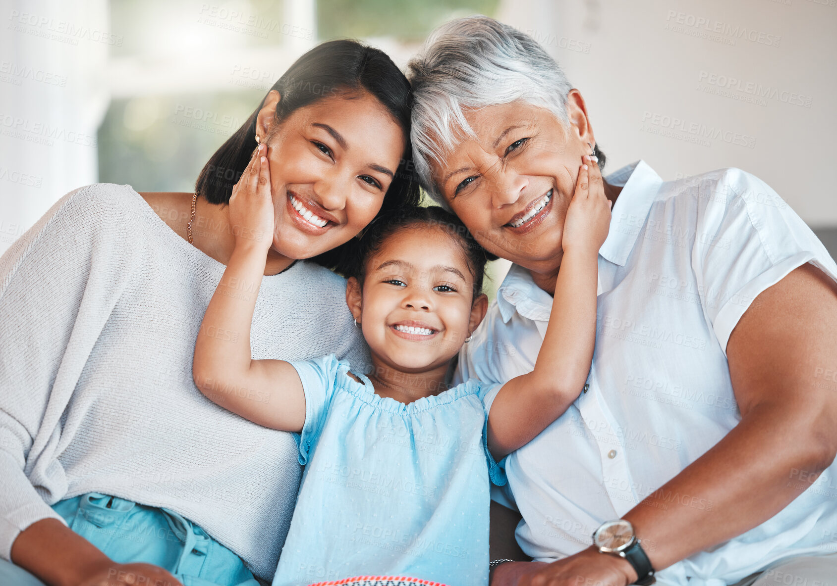 Buy stock photo Family, portrait and relax in living room on sofa for bonding, smile and retirement together on weekend. Grandmother, girl and mother with happiness in house on couch for love, care and support 