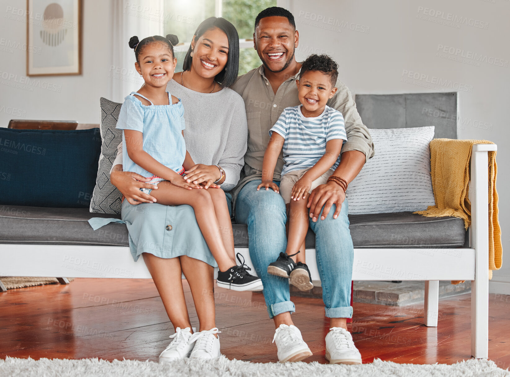 Buy stock photo Family, portrait and smile in living room on couch for bonding, relax and retirement together on weekend. Mother, father and children with happy in house on sofa for love, care and support as people