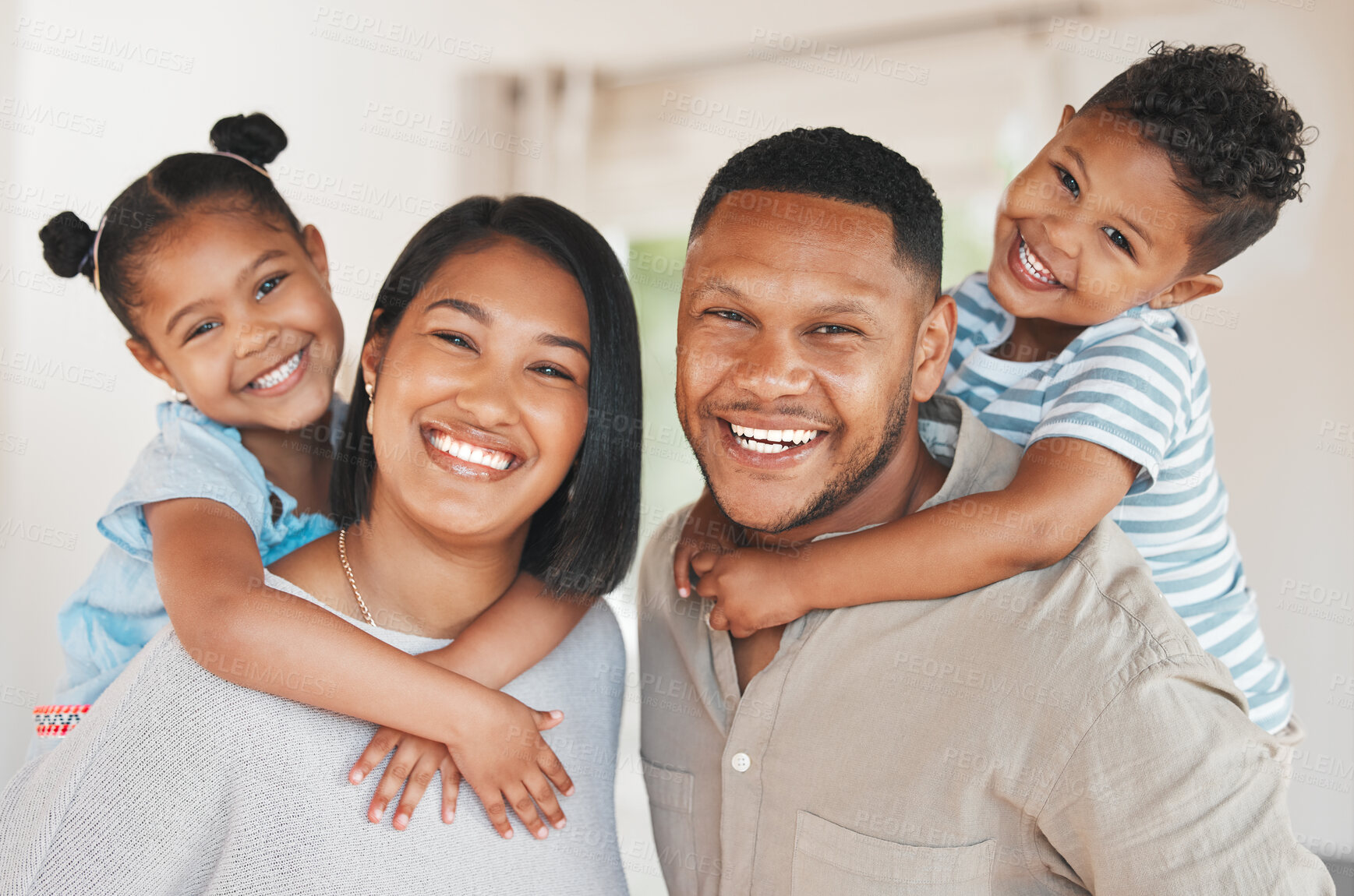 Buy stock photo Family, portrait and carrying in living room for bonding, relax and relationship together on weekend. Mother, father and children with smile in house for love, care and support as happy people