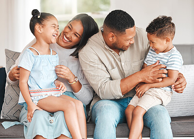 Buy stock photo Mom, dad and play with children on sofa for bonding with comfort, love and connection for embrace or affection. Mother, father and kids or siblings with fun laughter, family time and happy together.