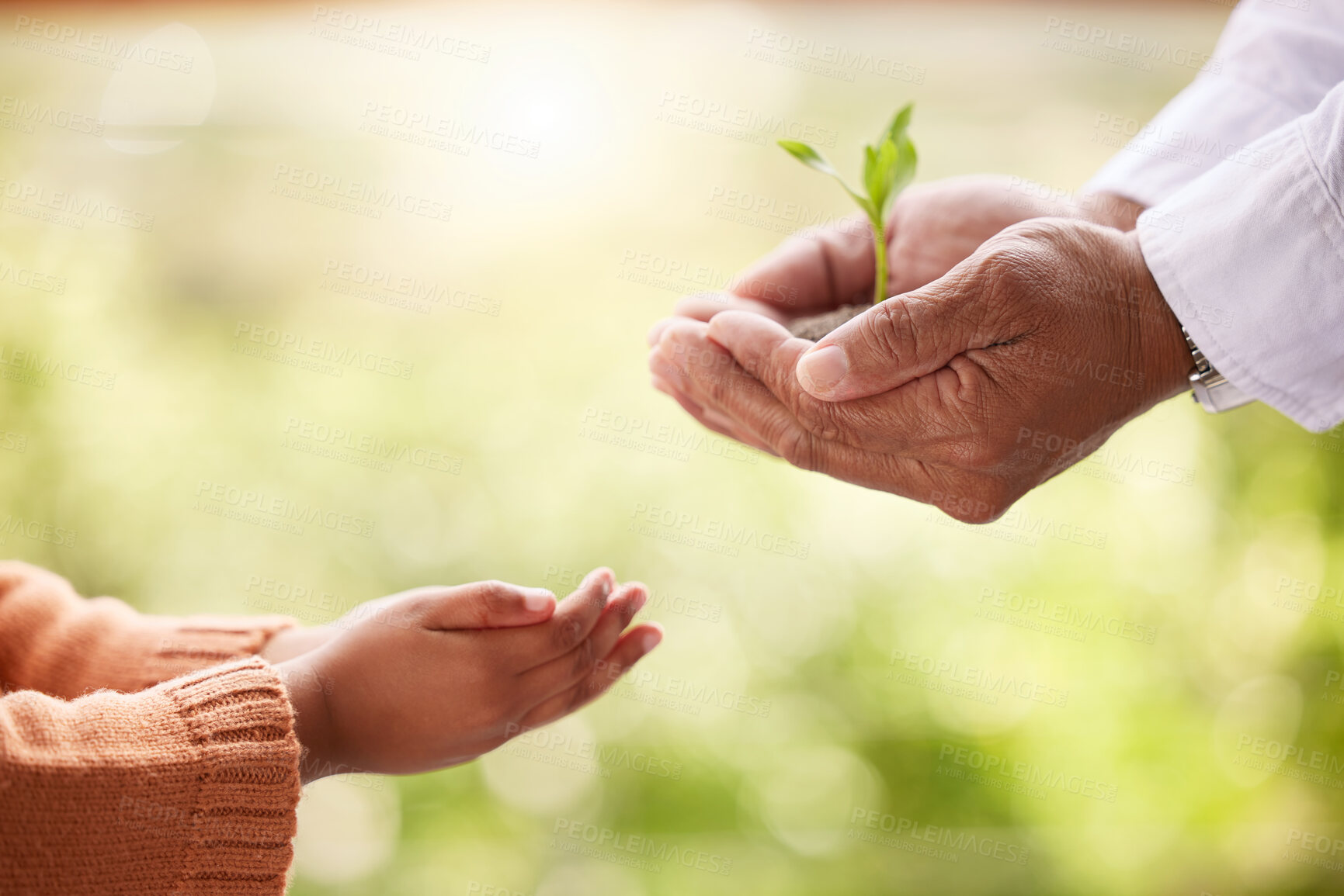 Buy stock photo Shot of a father and daughter holding a plant outside