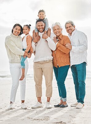 Buy stock photo Happy family, travel portrait and beach with grandparents, parent love and kids together by sea. Outdoor, vacation and children with grandmother and father by ocean on holiday in group with a smile