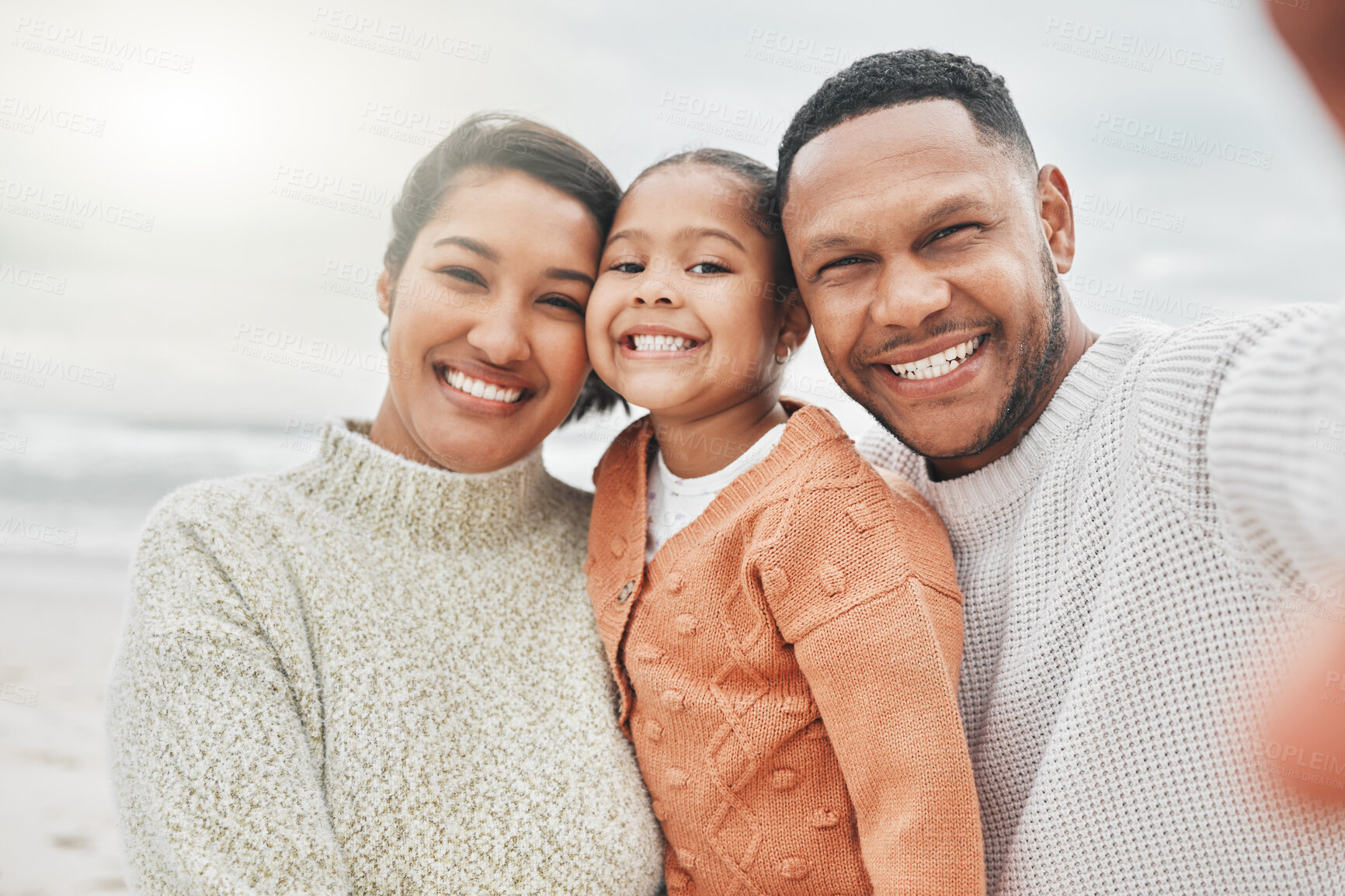 Buy stock photo Parents, girl and portrait selfie at beach for photo album, vacation bonding and digital memory. Mom, dad and daughter with happy smile for picture together, holiday travel and love by sea in Mexico