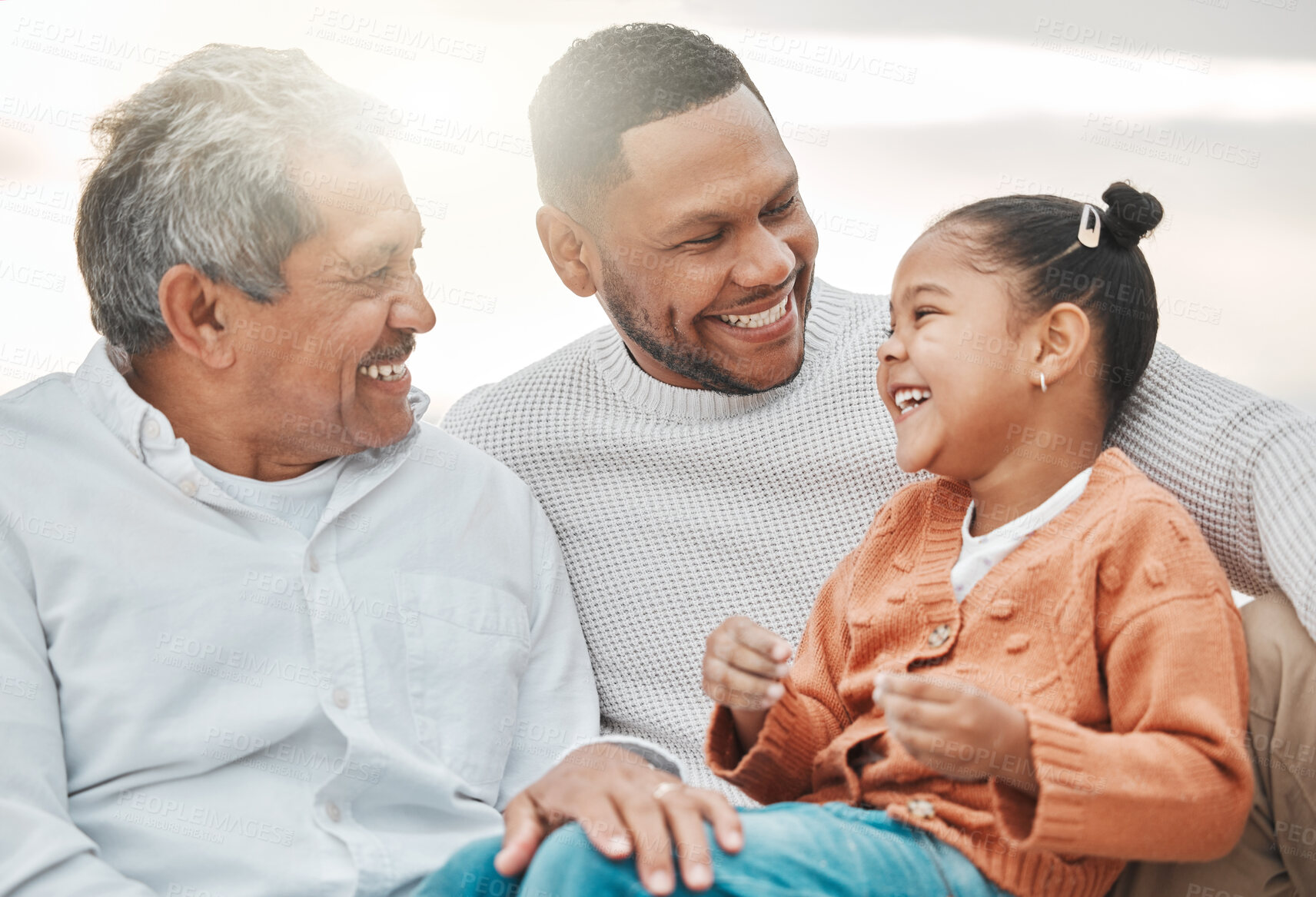 Buy stock photo Smile, father and grandfather with child on beach for travel  vacation, family bonding and destination together. Happy, senior man and dad with girl relax for love, care or support on holiday morning