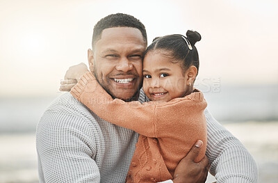 Buy stock photo Cropped shot of an adorable little girl and her father on the beach