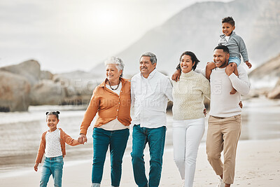 Buy stock photo Holding hands, big family and beach portrait with grandparents, mom and dad with kids on holiday. Fun, smile and retirement with vacation and school break by sea with love, parent care and bonding