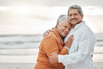 Buy stock photo Love, hug and portrait of old couple on beach for romance, bonding and travel. Vacation, retirement and care with senior man and woman hugging together on date for peace, mockup space and happiness