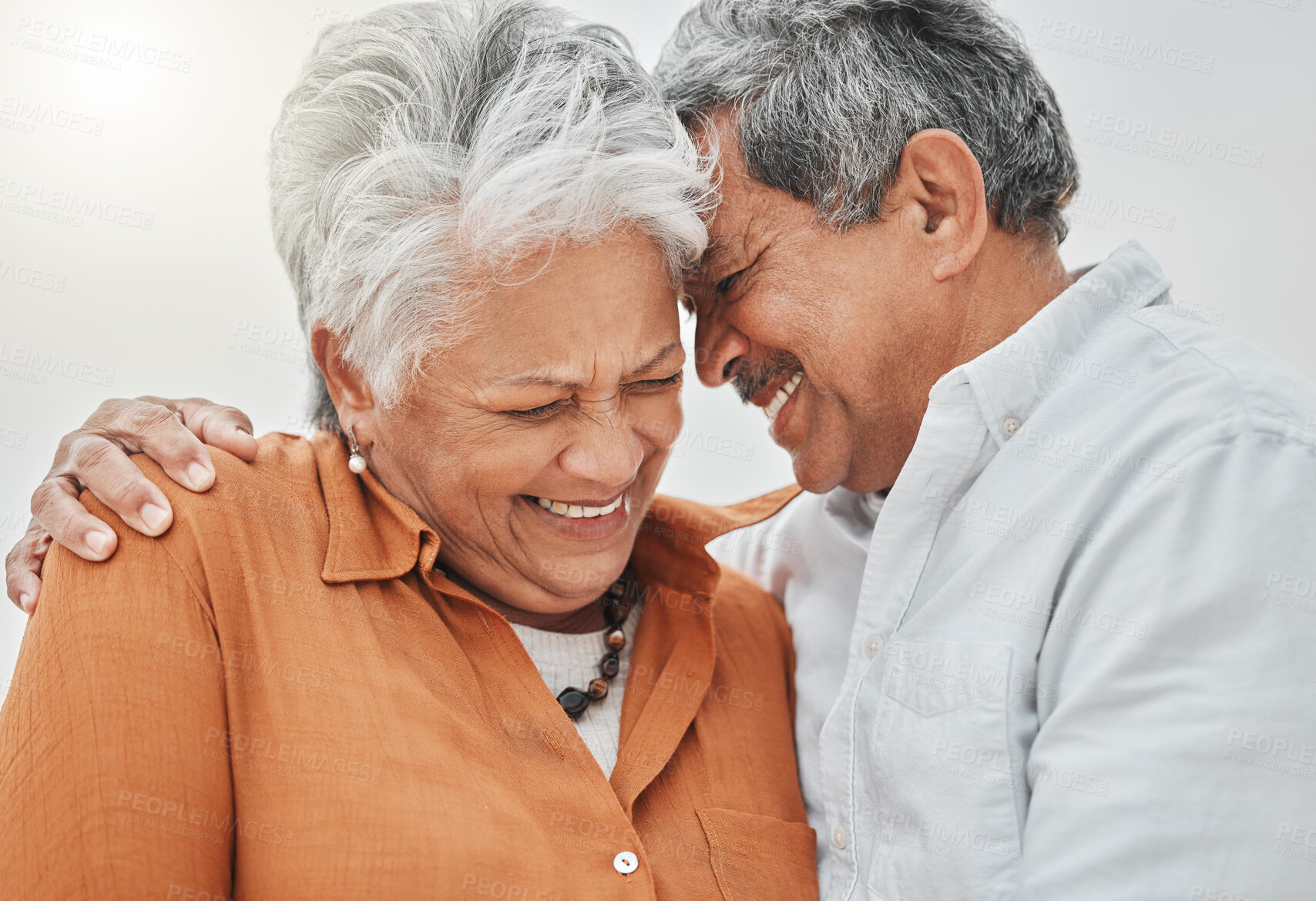 Buy stock photo Happy, senior couple and hug outdoor with travel date, romance vacation and laughing for funny joke by bonding. Woman, man and embrace with support of healthy relationship, sky and holiday nature