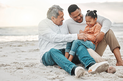 Buy stock photo Full length shot of an adorable little girl on the beach with her father and grandfather