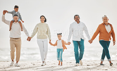 Buy stock photo Happy family, fun portrait and beach with grandparents, parent love and kids together by sea. Outdoor, vacation and children with grandmother and father by the ocean on holiday in group with a smile