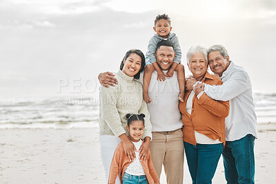 Buy stock photo Happy family, portrait and beach with grand parents, parent love and kids together by sea. Outdoor, vacation and children with grandmother and father by the ocean on holiday in group with a smile