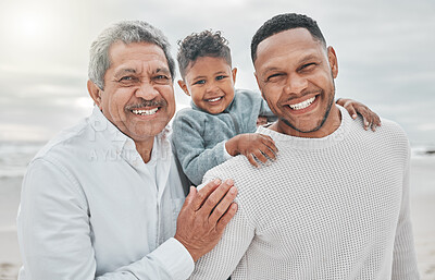 Buy stock photo Happy, generations and portrait of family at beach for travel, relax and vacation. Bonding, smile and grandfather with dad and child in nature for seaside holiday, happiness and free time together