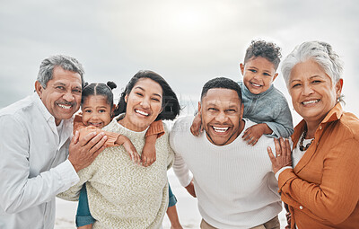 Buy stock photo Happy family, smile portrait and beach with grandparents, parent love and kids together by sea. Outdoor, vacation and children with grandmother and father by the ocean on holiday in group with travel