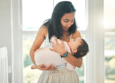 Buy stock photo Family home, mother and holding baby with love, security and support. Woman or mom talking to girl child to relax or sleep in a house for development, wellness and growth with care on mothers day