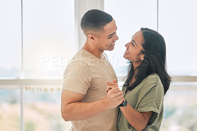 Buy stock photo Happy, couple and dance in home for love, care and support of relationship, trust and quality time together. Man, woman and dancing with partner in fun, happiness or celebrate of romantic anniversary