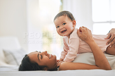 Buy stock photo Mom lying, cuddle newborn and bedroom with smile, care and happiness in morning with love, bond or excited face. Young mother, baby and happy in bed, family home or holding kid with pride together