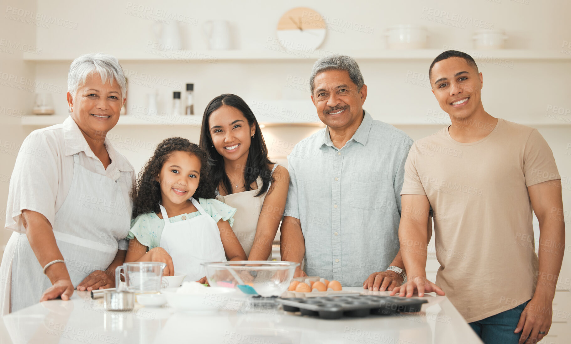 Buy stock photo Portrait, parents and grandparents with kid for baking in kitchen with support, learning or teaching cake recipe. Big family, girl and happy together with ingredients for cooking education or bonding