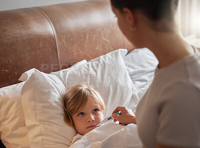 Buy stock photo Bed, sick and child with thermometer in mouth for healthcare, illness and temperature check. Son, fever and mother with medical support for viral infection, monitoring and cold treatment at home