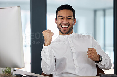 Buy stock photo Fist pump, winner and portrait of businessman on computer for online bonus, stock market and promotion. Corporate worker, office and happy person celebrate for investment, profit and opportunity