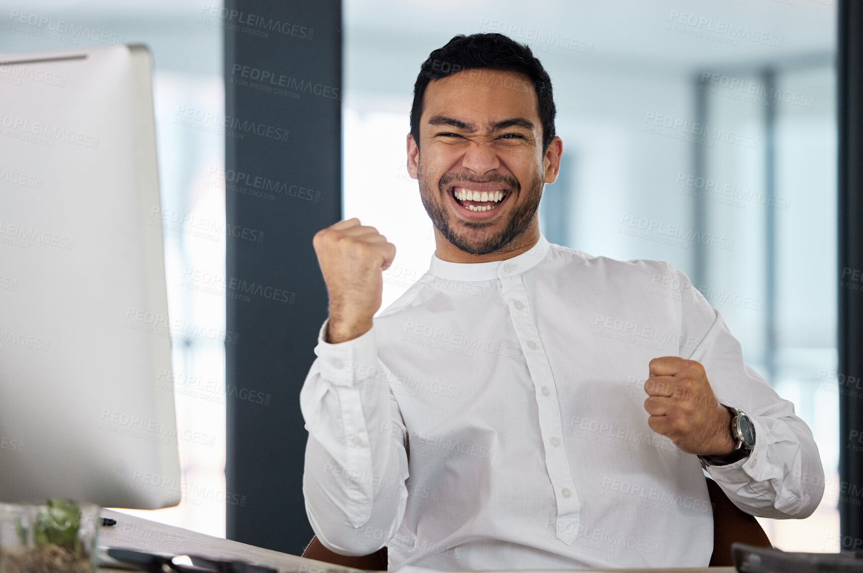 Buy stock photo Fist pump, winner and portrait of businessman on computer for online bonus, stock market and promotion. Corporate worker, office and happy person celebrate for investment, profit and opportunity