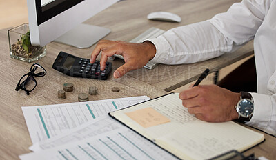 Buy stock photo Shot of a businessman calculating his finances and making a list