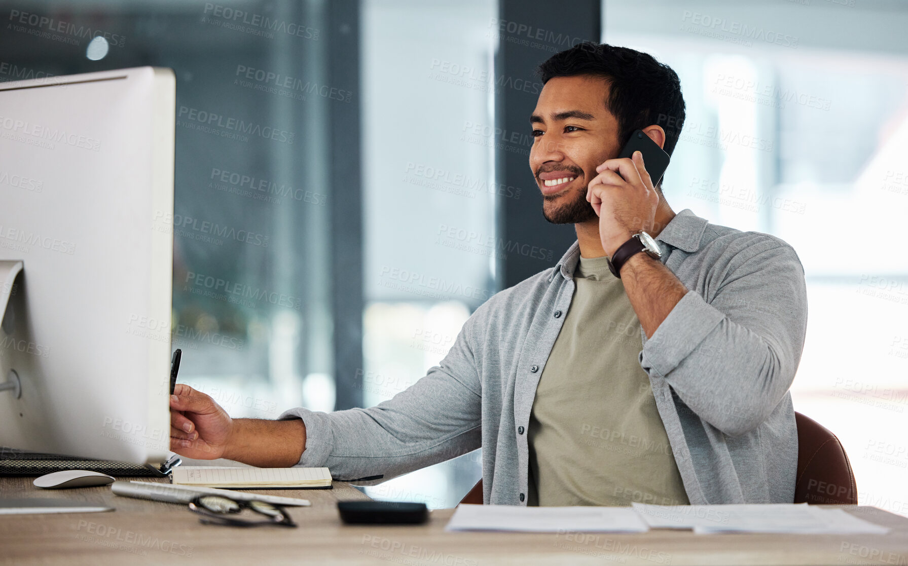 Buy stock photo Business man, computer and phone call in office for networking, communication and client negotiation. Project manager, research and talking in workplace for schedule discussion and progress update