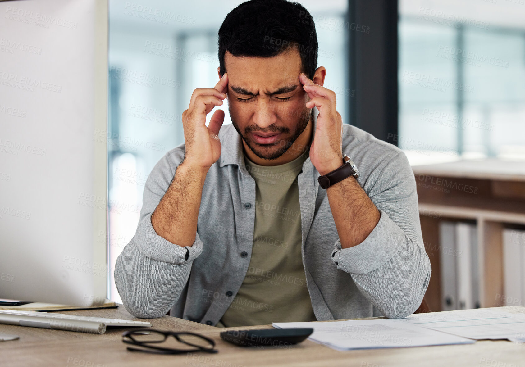 Buy stock photo Businessman, headache and pain of stress in office, computer glitch and anxiety for mistake or fail. Male person, tension migraine and massage temple for relief at workplace, frustrated and crisis