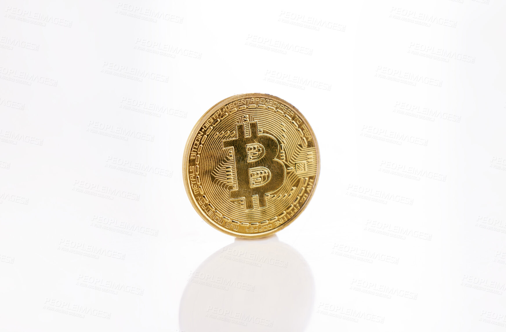 Buy stock photo Stock market, coin money and trading in studio for crypto, virtual currency and investment for business. Futuristic, cash and gold in white background for finance, security growth and blockchain