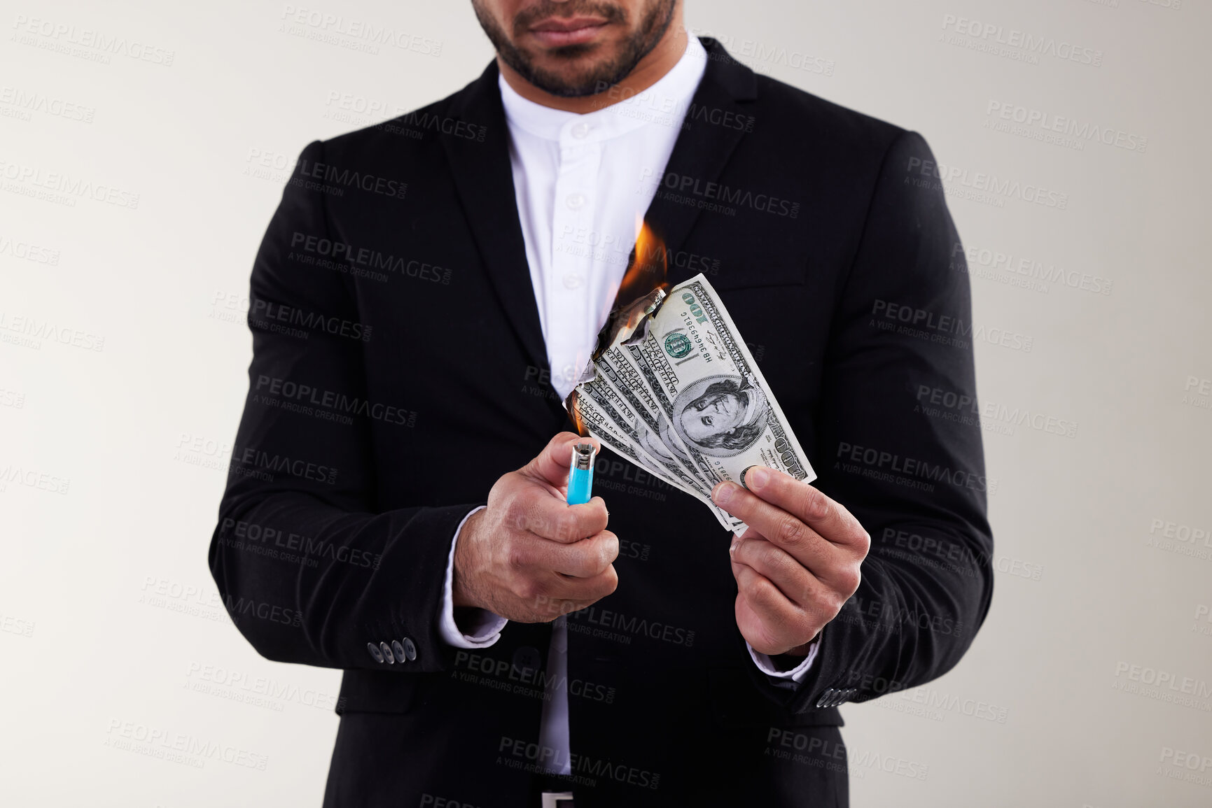 Buy stock photo Businessman, hands and burning money with lighter for bankruptcy or financial loss in studio on white background. Closeup of man with dollar bills, cash or paper on fire for debt, tax or inflation