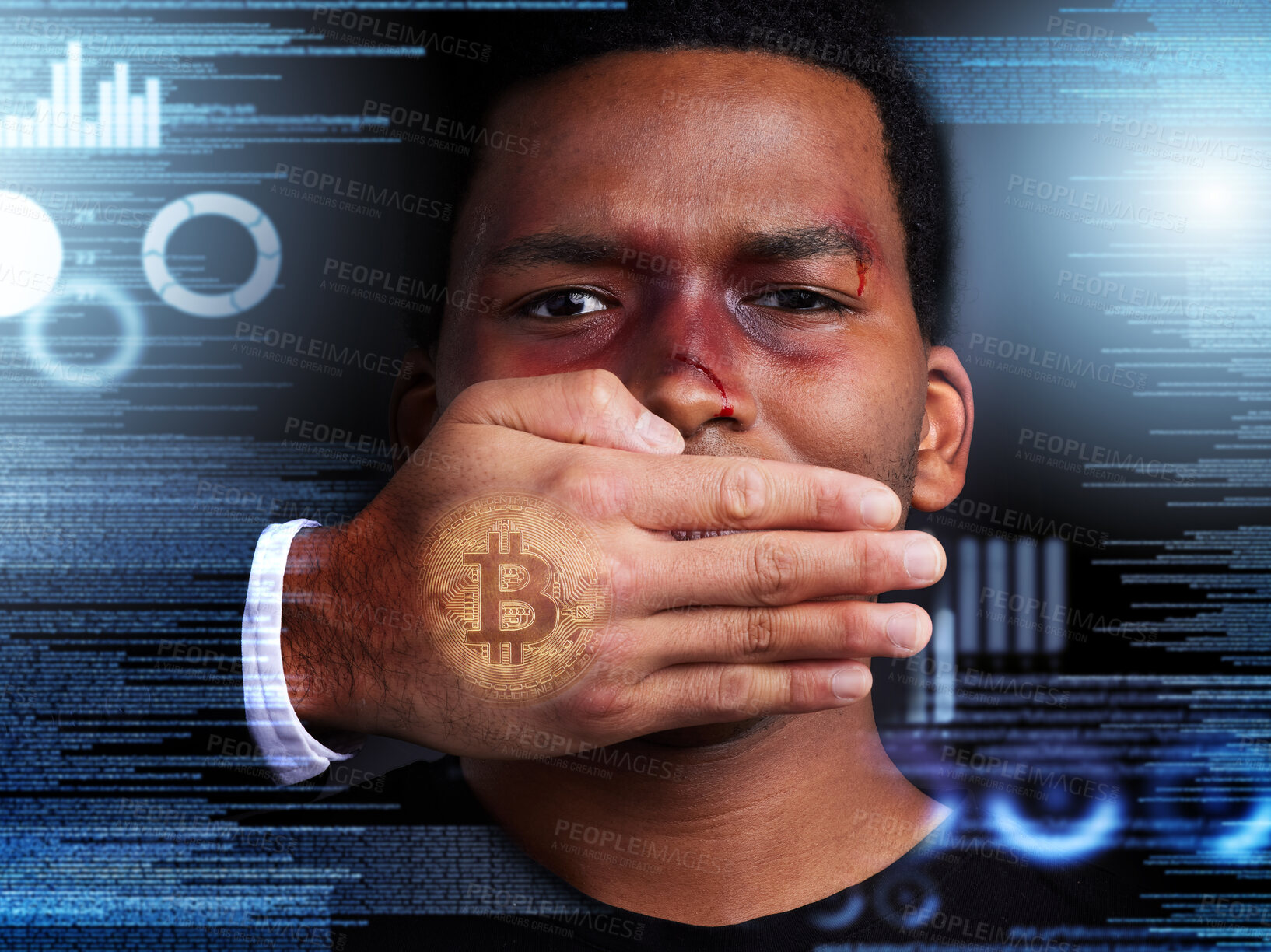 Buy stock photo Man, face and silence by hand with cryptocurrency overlay with conspiracy and cyber attack. Crime, mouth cover up and violence with whistle blower on corporate corruption, big brother and money scam