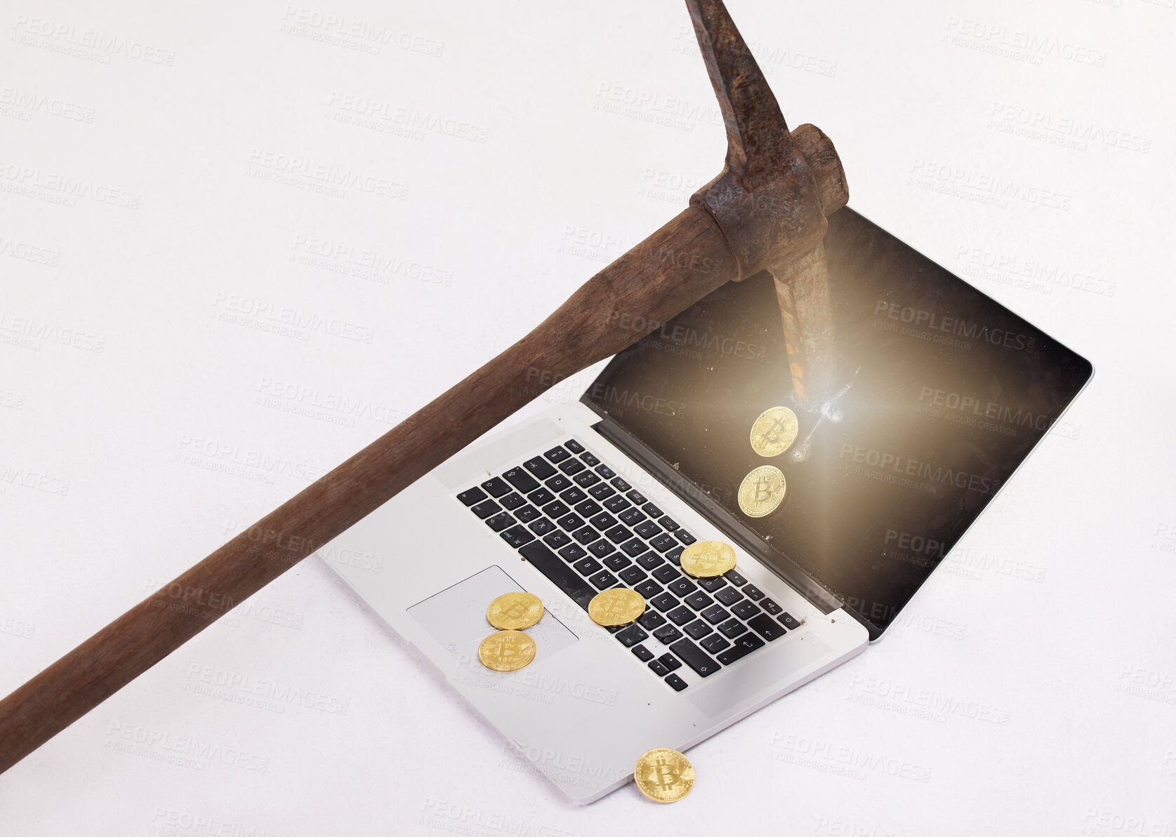 Buy stock photo Laptop, pickaxe and mining crypto with coins, profit or fintech for digital currency by white background. Screen, tools and pc with gold money for blockchain, trading or invest for financial freedom