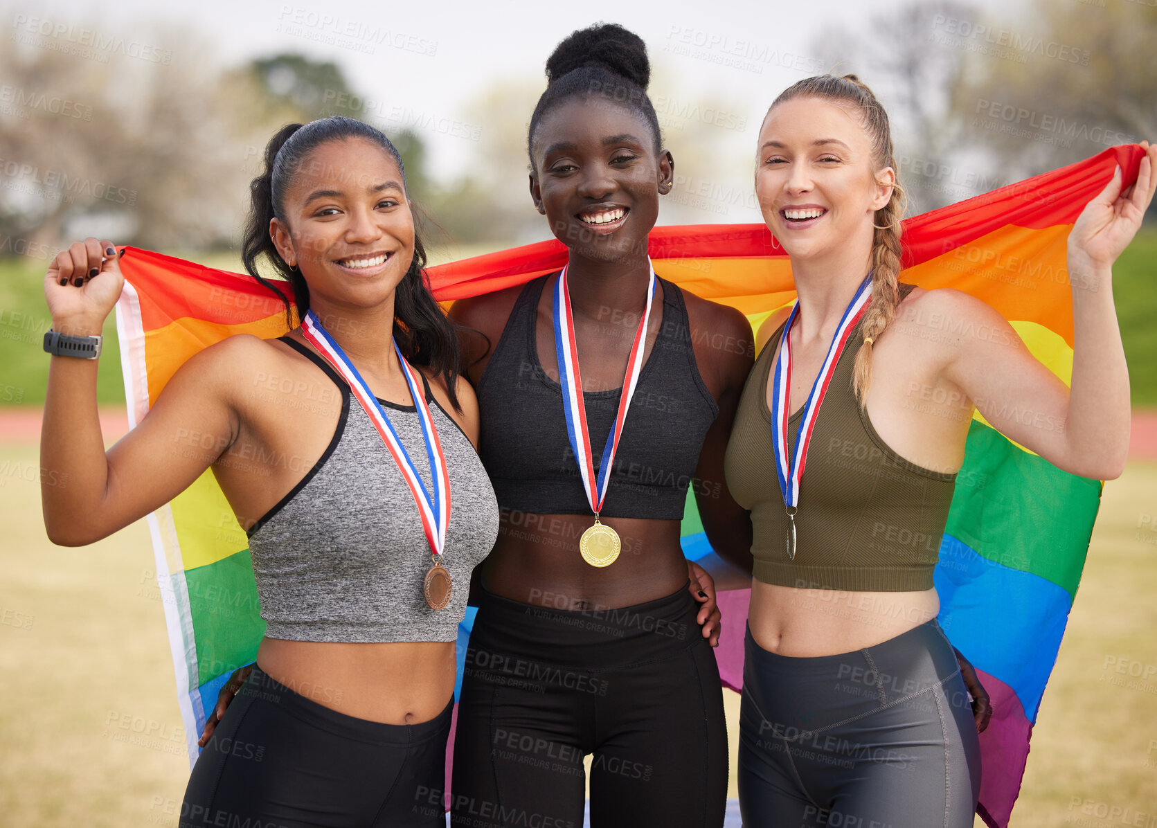 Buy stock photo Athlete, together and medal in portrait with flag, rainbow or support for LGBTQ, human rights or equality. Women, people and champion with team, sign or solidarity for win at global sport competition