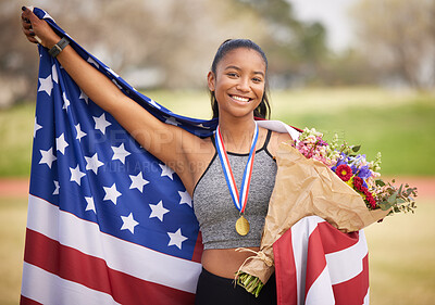 Buy stock photo Woman, celebration and USA flag with medal as athlete for win, competition and sport achievement outdoor. American person, portrait and success with professional running, award and podium performance