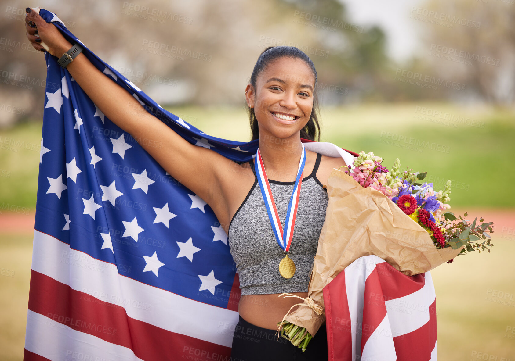 Buy stock photo Woman, celebration and USA flag with medal as athlete for win, competition and sport achievement outdoor. American person, portrait and success with professional running, award and podium performance