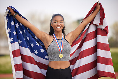 Buy stock photo American woman, flag and athlete with success as celebration for winner, competition and sports achievement outdoor. Female person, portrait and gold medal with running, award and podium performance