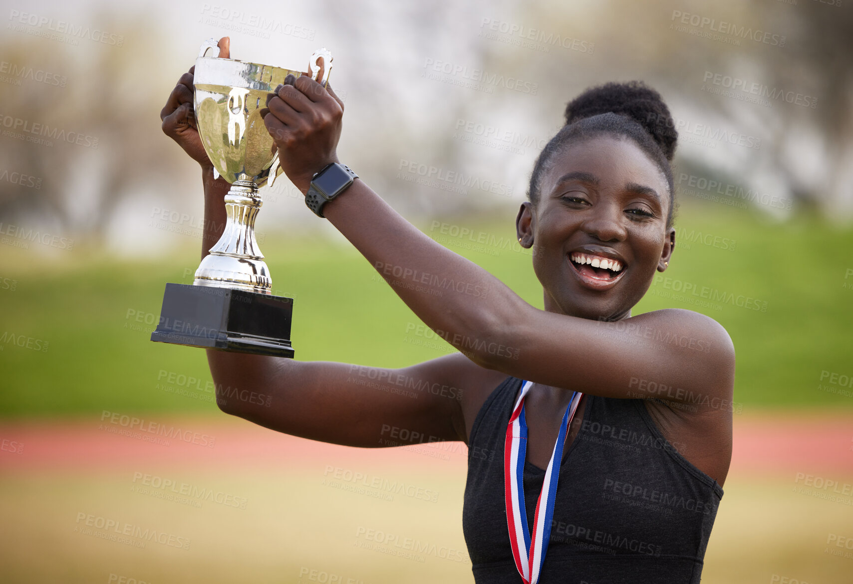 Buy stock photo Black woman, trophy and success with gold as excited for win, competition and sport celebration outdoor. Athlete, portrait and achievement with professional running, goals or podium performance award