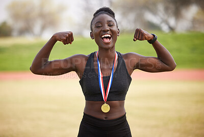 Buy stock photo Woman, flex and celebration with medal as athlete for winner, competition and sports achievement outdoor. Black person, portrait and success with professional running, award and podium performance