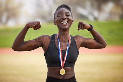 Buy stock photo Black woman, smile and celebration with medal as flex for winner, competition and sports achievement outdoor. Athlete, portrait and success with professional running, award and podium performance