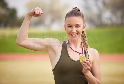 Buy stock photo Woman, flex and celebration with medal as athlete for winner, competition and sports achievement outdoor. Female person, portrait and success with professional running, award and podium performance